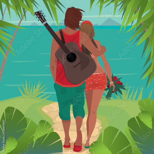 Young healthy couple is standing on a tropical island and looks at the distant islands. The guy with a guitar, hugs girl. Back view. Romantic or seclusion concept