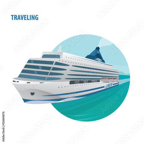 Round emblem on white background with huge beautiful cruise ship in the open sea on a clear day. Front view. Traveling or journey concept