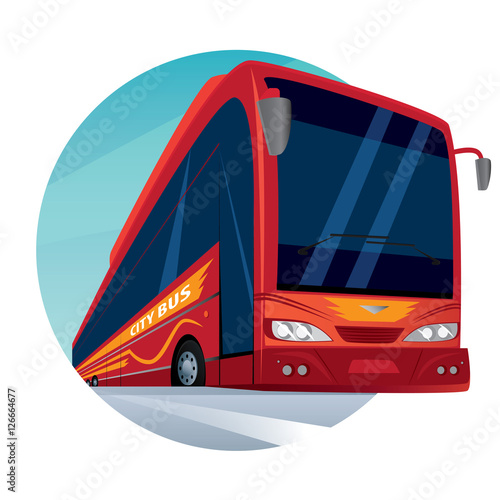 Round emblem on a white background with a modern passenger bus with the inscription city bus. Front view
