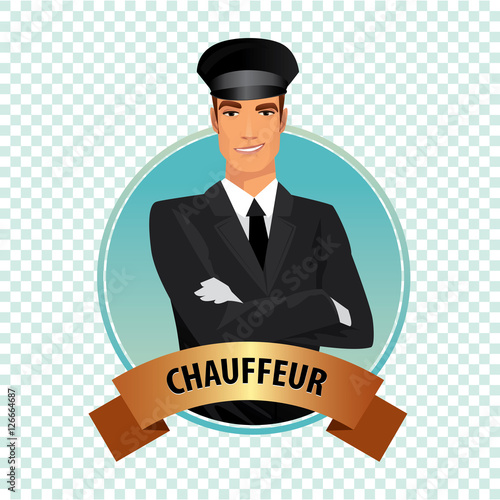 Isolate round icon on white background with chauffeur, driver of luxury car, standing, dressed in black suit or tuxedo, dress shirt, tie, white leather gloves and hat