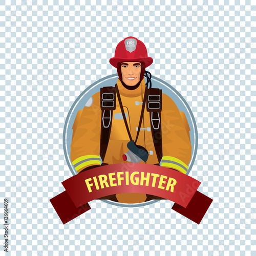 Isolate round icon on white background with firefighter, man from fire brigade in form of fireman, with personal protective equipment, bunker or turnout gear