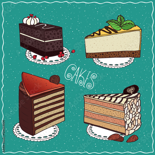 Set of different cakes with Hungarian Dobos torte, Esterhazy with almonds, Chocolate coffee cake with layers of biscuit, Cheesecake. Handmade cartoon style