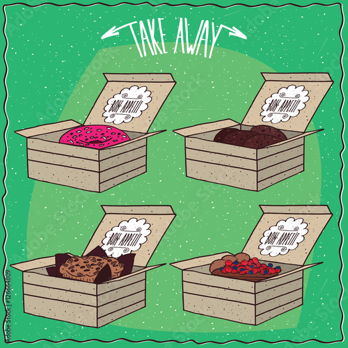 Set of different pastry in carton box, Donut with pink icing, Chocolate cookies, Cake, Berry pie. Ornate lettering Take away. Green background. Handmade cartoon style
