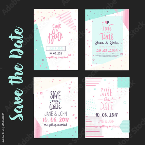 Geometry Save the Date card in modern 1980s with menu, Rsvp card. Wedding anniversary celebration party invitation design template
