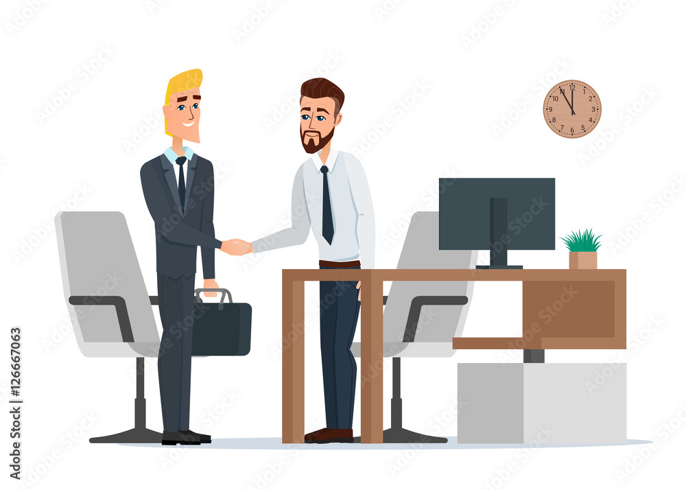 Two businessmen in suits are handshaking in the office near the workplace. Business concept. Vector illustration isolated on white background in flat style.