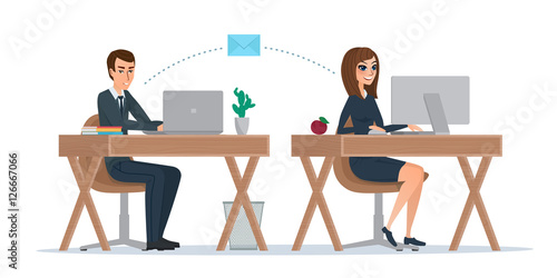 Man and woman at computer monitor. Office correspondence, employees to correspond by mail. Business concept. Vector illustration isolated on white background in flat style.