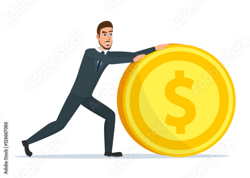 Time investmen concept, finance and money, investor and stock market, business man invest gold, old gold money, banking treasure, roll dollar invest illustration. Time for invest, man with gold coin.