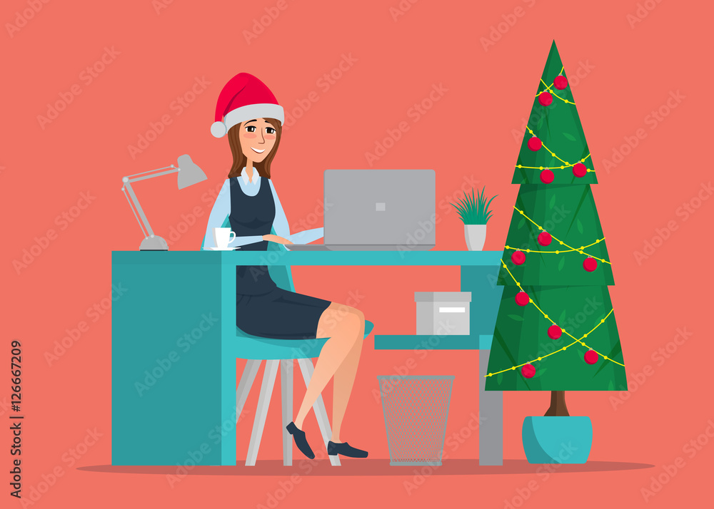 Business woman sitting at the table. New Year Tree. Business concept. Vector creative color illustrations flat design in flat modern style. Business woman sitting at the table. New Year Tree. Business concept. Vector creative color illustrations flat design in flat modern style.