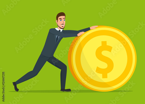 Time investmen concept, finance and money, investor and stock market, business man invest gold, old gold money, banking treasure, roll dollar invest illustration. Time for invest, man with gold coin.