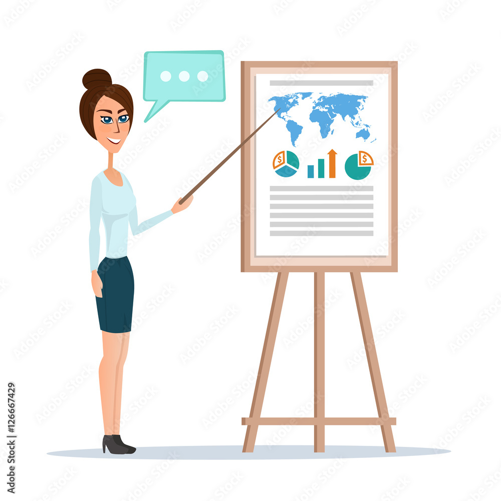 business woman pointing at a chart board. Vector illustration isolated on white background in flat style.
