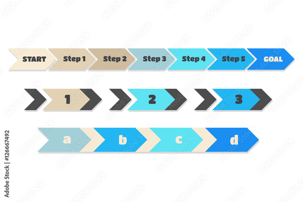 Steps Infographics vector, blue brown arrows: start 1 2 3 4 5 goal, a b c d isolated symbols Steps Infographics vector, blue brown arrows: start 1 2 3 4 5 goal, a b c d isolated symbols