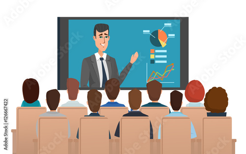 Corporation directors board at the conference call meeting with CEO at the video call projection screen. Vector illustration isolated on white background in flat style.
