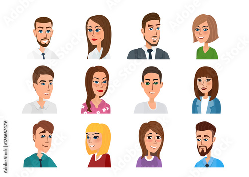 Men and women business and casual clothes icons. Business people flat avatars. Vector illustration isolated on white background in flat style.
