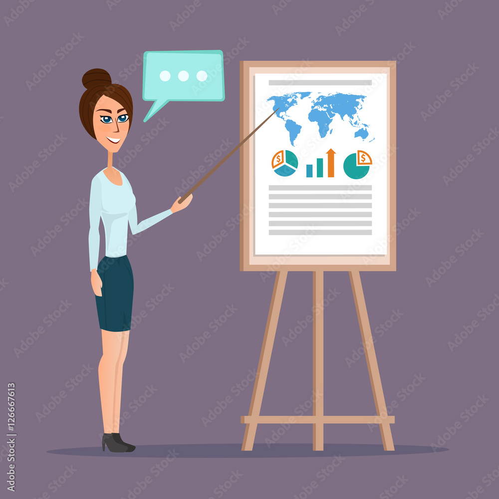 business woman pointing at a chart board. Vector creative color illustrations flat design in flat modern style. business woman pointing at a chart board. Vector creative color illustrations flat design in flat modern style.