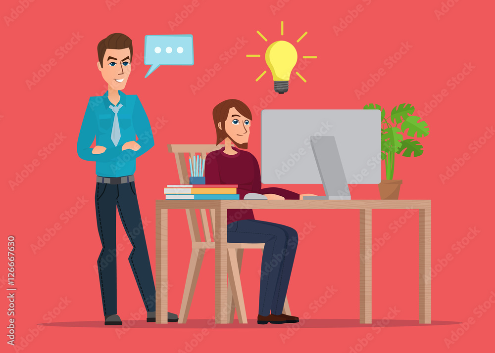 a man working at the computer comes up with a solution to the problem with the customer. Business idea concept. Vector creative color illustrations flat design in flat modern style.