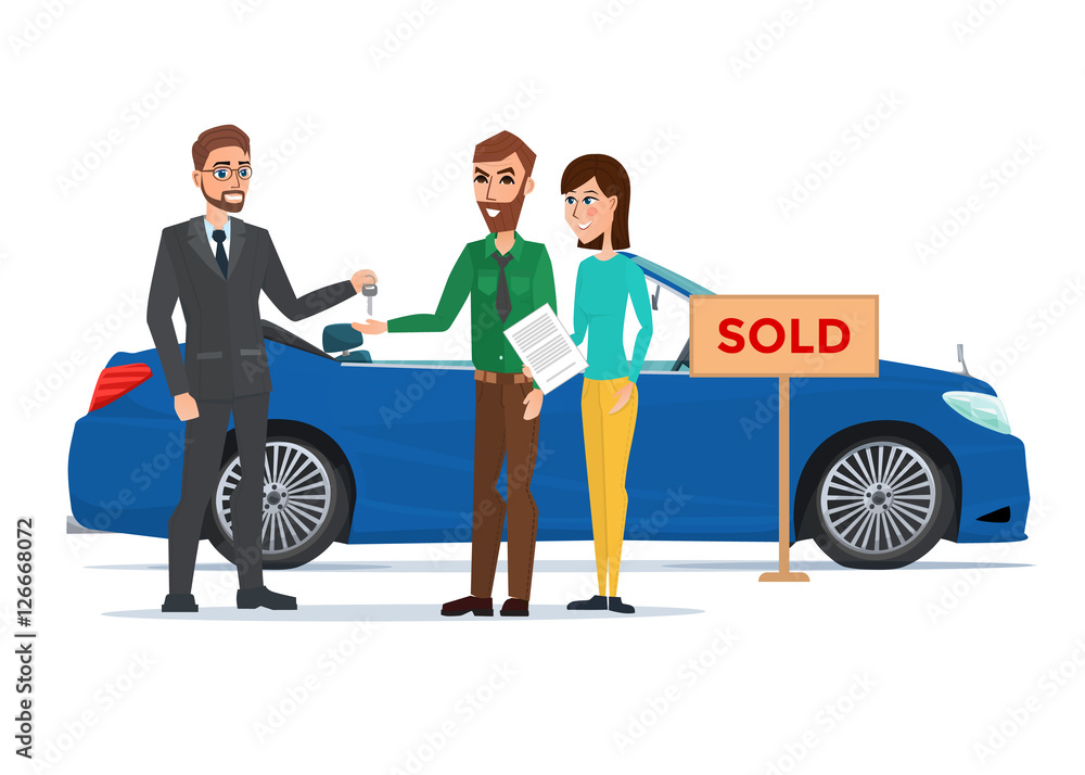 Obraz premium Man, woman and car dealer. Business cartoon concept. Vector illustration isolated on white background in flat style.