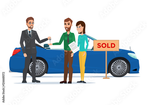 Man, woman and car dealer. Business cartoon concept. Vector illustration isolated on white background in flat style.