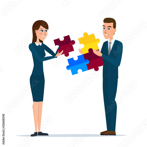 business man and business woman holding puzzle block. Business cartoon concept. Vector illustration isolated on white background in flat style.