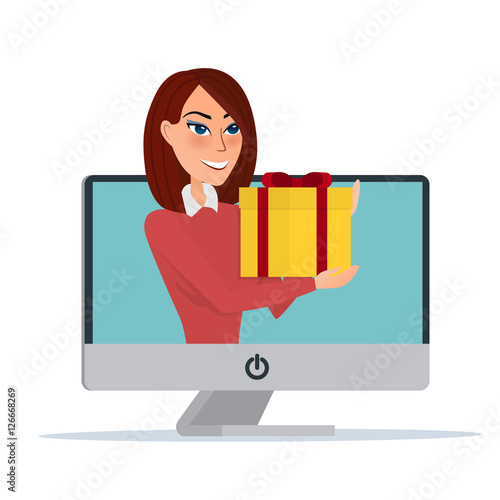 Internet Marketing. Beautiful woman gives a gift peering monitor. Business cartoon concept. Vector illustration isolated on white background in flat style.