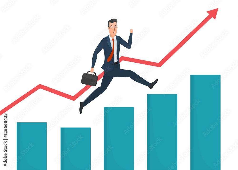 Businessman running grow up graph. Business cartoon concept. Vector illustration isolated on white background in flat style. Businessman running grow up graph. Business cartoon concept. Vector illustration isolated on white background in flat style.