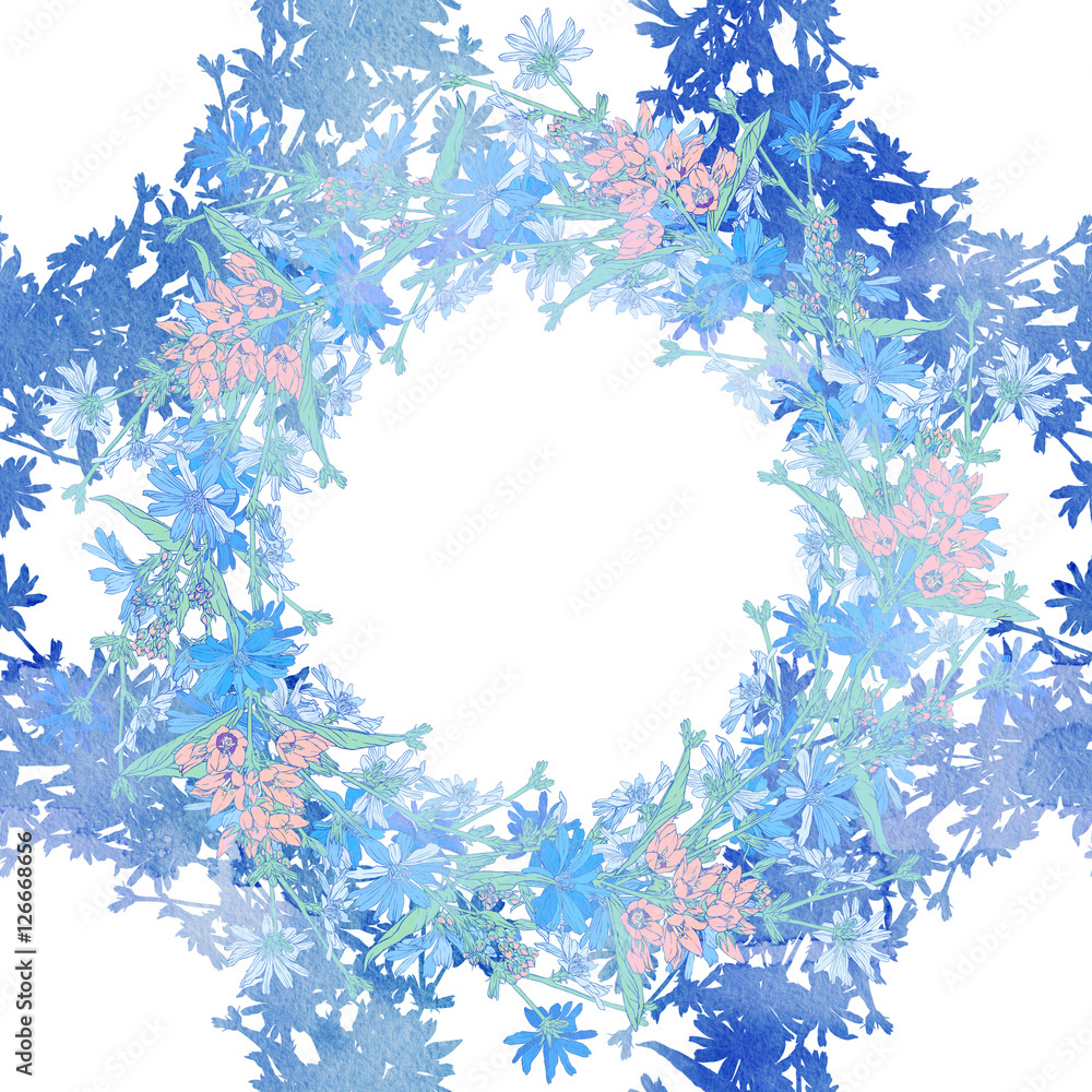 Seamless pattern with chicory. Round kaleidoscope of flowers and floral elements Seamless pattern with chicory. Round kaleidoscope of flowers and floral elements