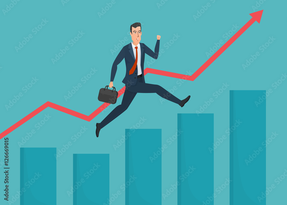 Businessman running grow up graph. Business cartoon concept. Vector creative color illustrations flat design in flat modern style. Businessman running grow up graph. Business cartoon concept. Vector creative color illustrations flat design in flat modern style.