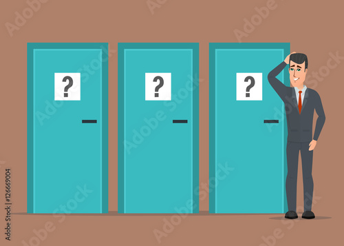 Businessman standing beside three doors, unable to make the right decision. Marks question. Business cartoon concept. Vector creative color illustrations flat design in flat modern style.