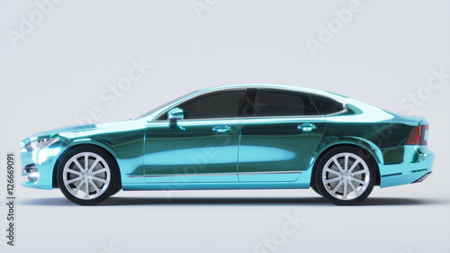 Car wrapped in blue chrome film. 3d rendering photo