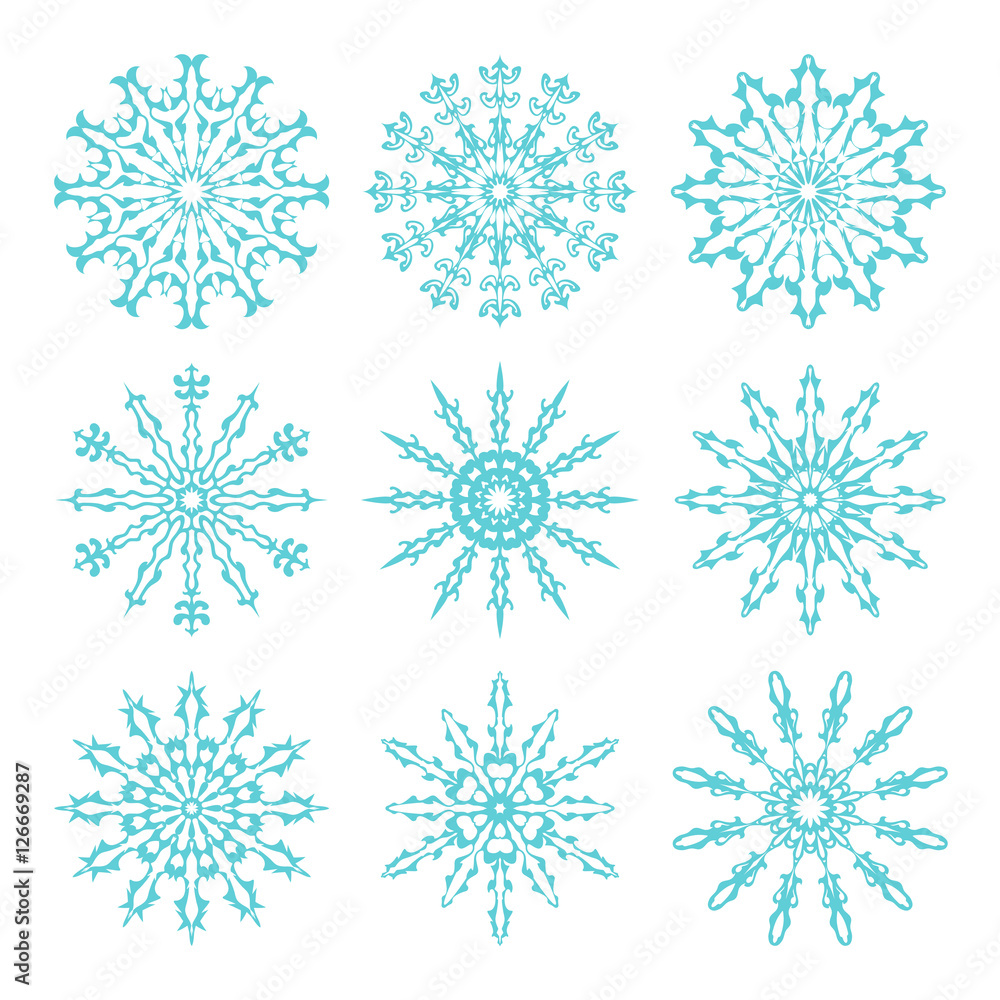 Set of beautiful ornate lacy snowflakes. Vector illustration.
