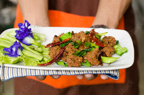 Fotografie Spicy pork mince balls (Thai food name larb moo tod)