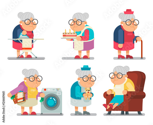 Household Granny Old Lady Character Cartoon Flat Design Vector illustration