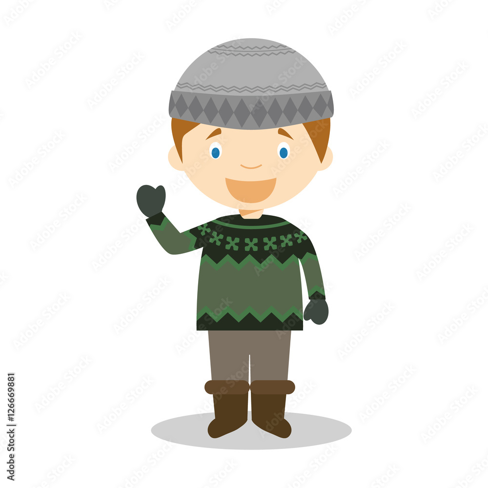 Character from Iceland dressed in the traditional way with the typical lopapeysa sweater. Vector Illustration. Kids of the World Collection. Character from Iceland dressed in the traditional way with the typical lopapeysa sweater. Vector Illustration. Kids of the World Collection.