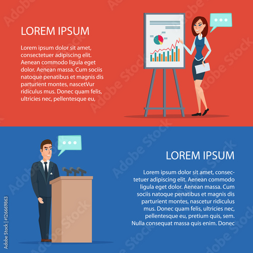 Business man angry at podium. Business woman gives an account. Cartoon poster vector illustration. Banners for your web design in business style. Template for your text. Business characters set.