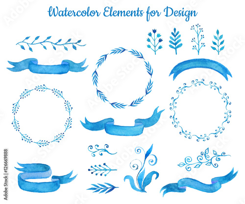 Collection of  blue watercolor ribbon banners and leaves. Set of elegant hand drawn elements for design. Vector illustration.