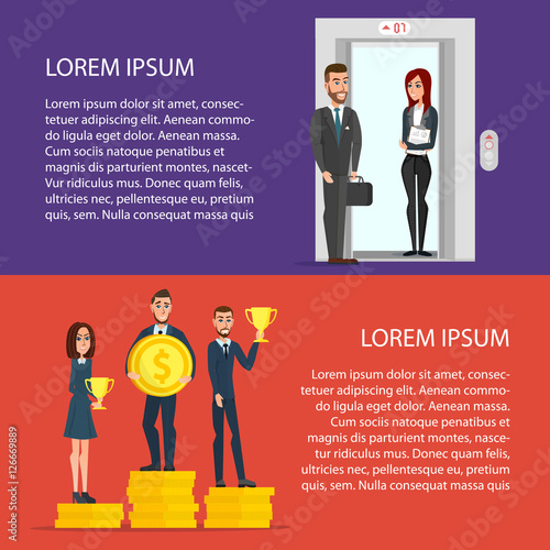 Businessmen get golden trophy. Workers raised in the elevator to the next level. Cartoon poster vector illustration set. Banners for your web design in business style. Template for your text.