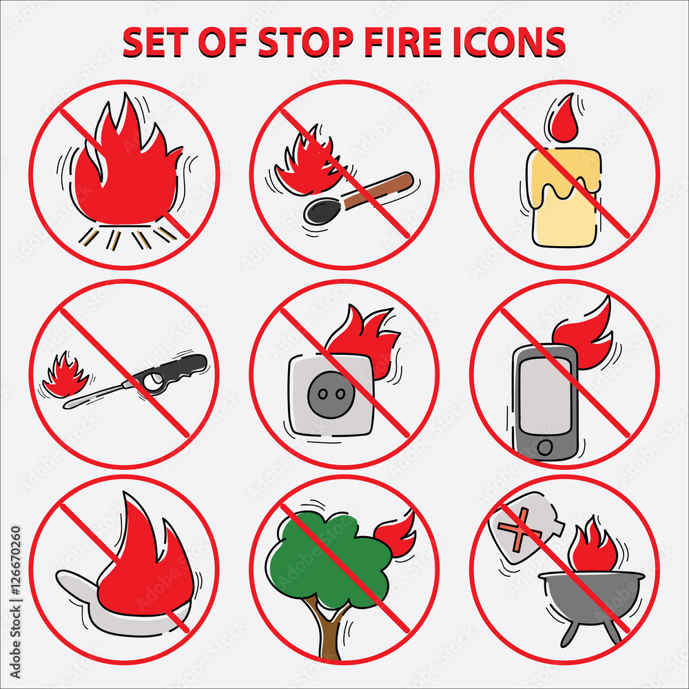 set of stop fire symbols (be aware, be ready, be prepare, save lives