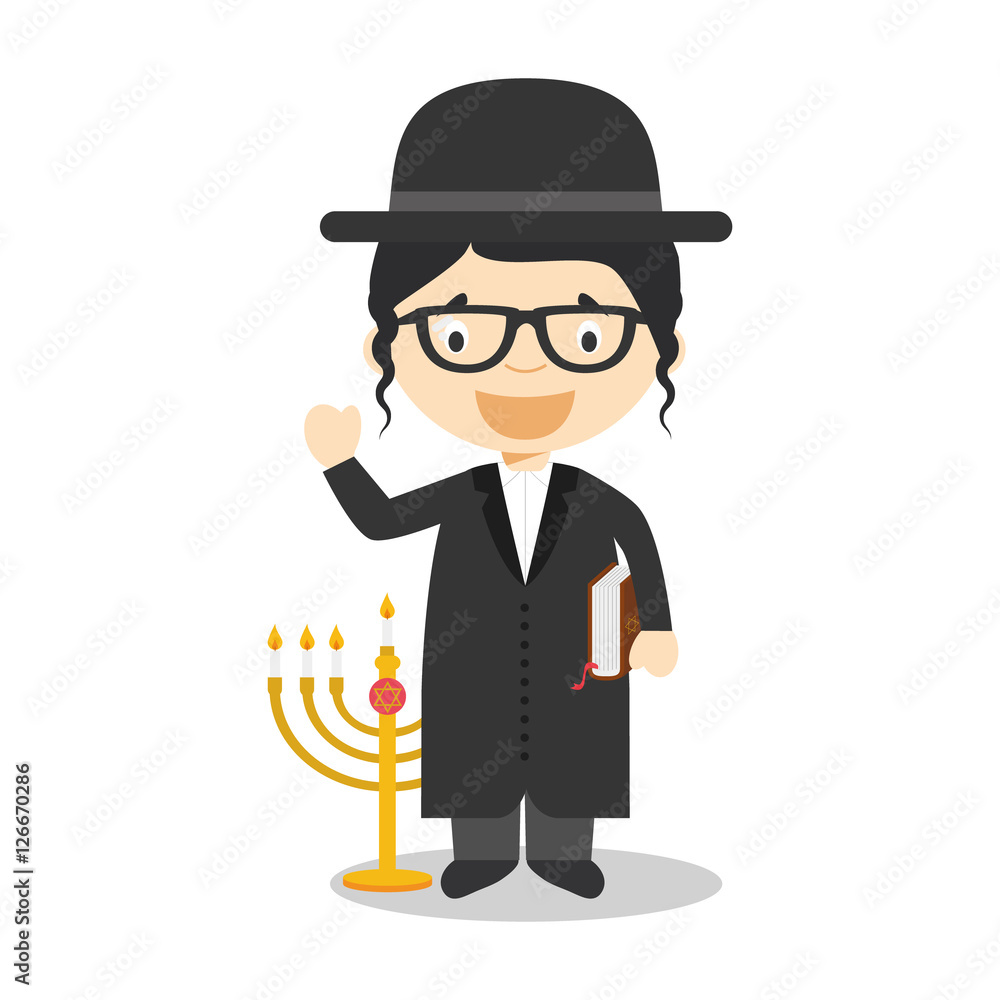 Jewish Rabbi cartoon character from Israel dressed in the traditional way. Vector Illustration. Kids of the World Collection.