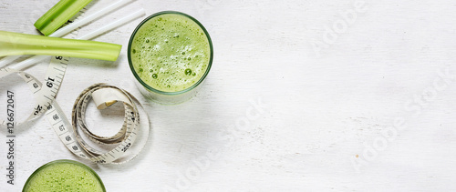 Green vegetable smoothie in jars. Template for detox recipe photo