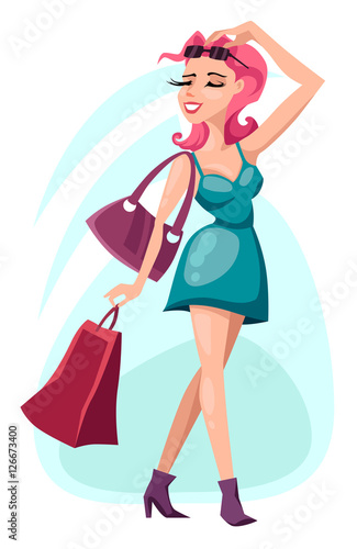 fashion girl with shopping bags. cartoon. vector illustration