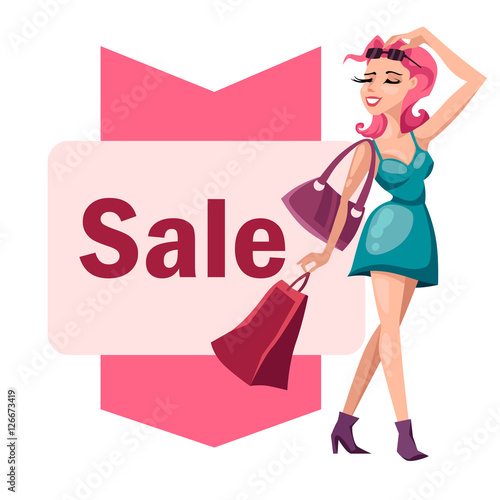 fashion girl with shopping bags. sale. vector illustration