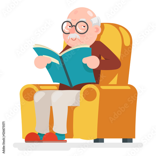 Reading Old Man Character Sit Adult Icon Cartoon Design Vector Illustration