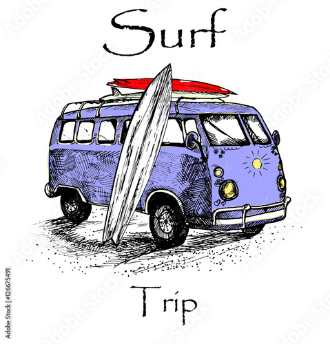 surf, hippy bus, mini van. Travel print, car