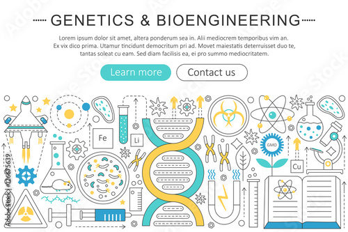Vector elegant thin flat line Genetics and bioengineering concept. Website header banner elements layout. Presentation, flyer and poster.