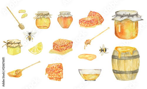 Watercolor honey set. Isolated items on white background. Bee, honey jar, barrel and more.