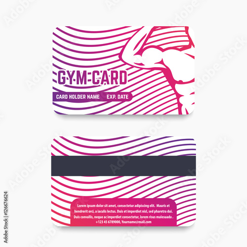 fitness club, gym card template design with strong athlete flexing biceps, vector illustration