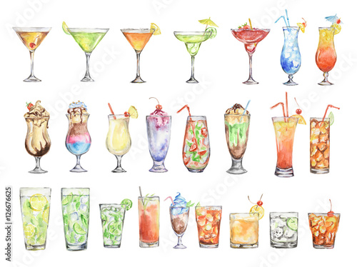 watercolor cocktails set. Isolated glasses with alcohol drinks on white background.