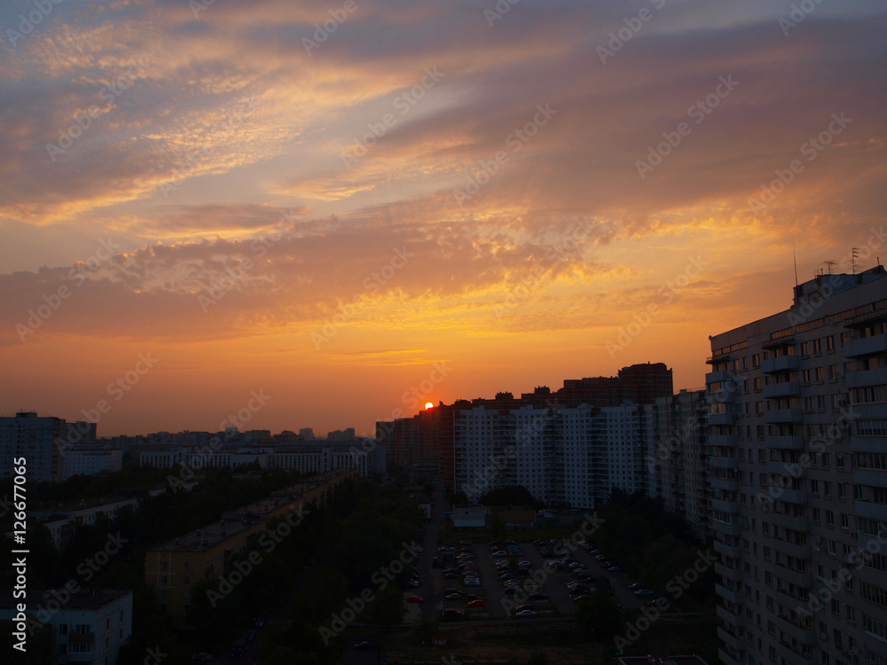 Cityscape of dormitory area of Moscow, Russia on sunset