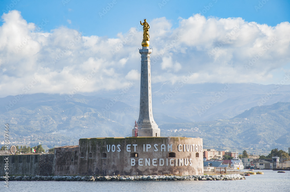 Madonnina del Porto statue and Coast Guard station in Port of Messina. The Mediterranean Sea, Island of Sicily