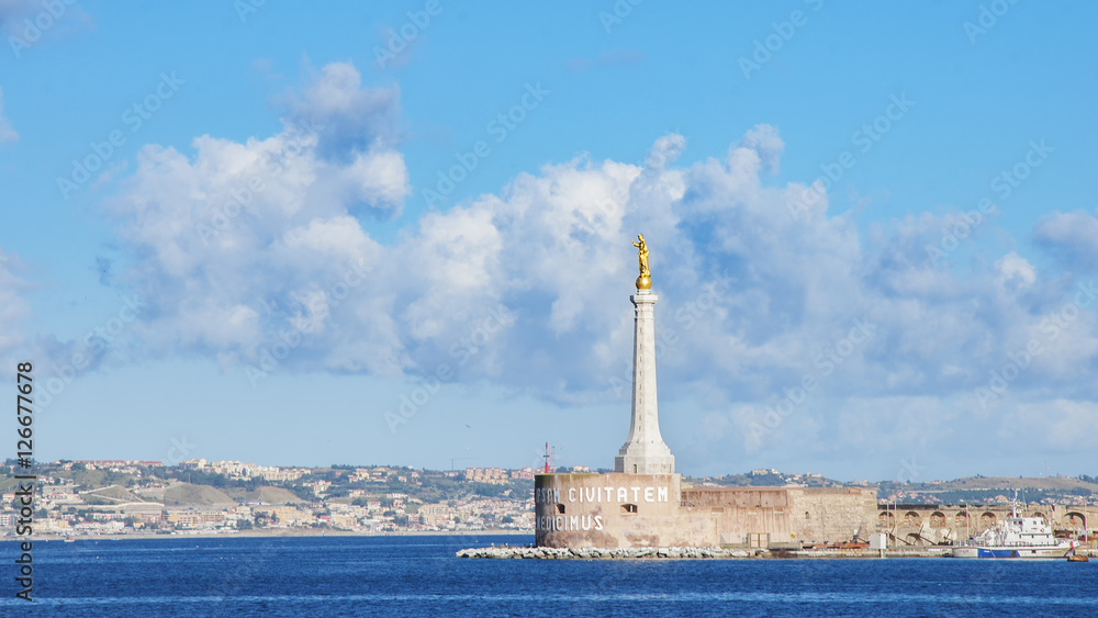 Madonnina del Porto statue and Coast Guard station in Port of Messina. The Mediterranean Sea, Island of Sicily