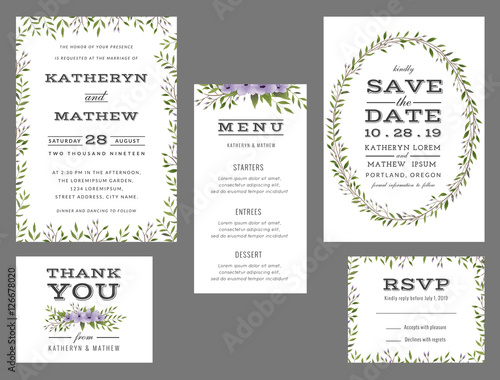 Wedding suite template decorate with wreath flowers. Save the date, wedding invitation, wedding menu, thank you card. Vector illustration.